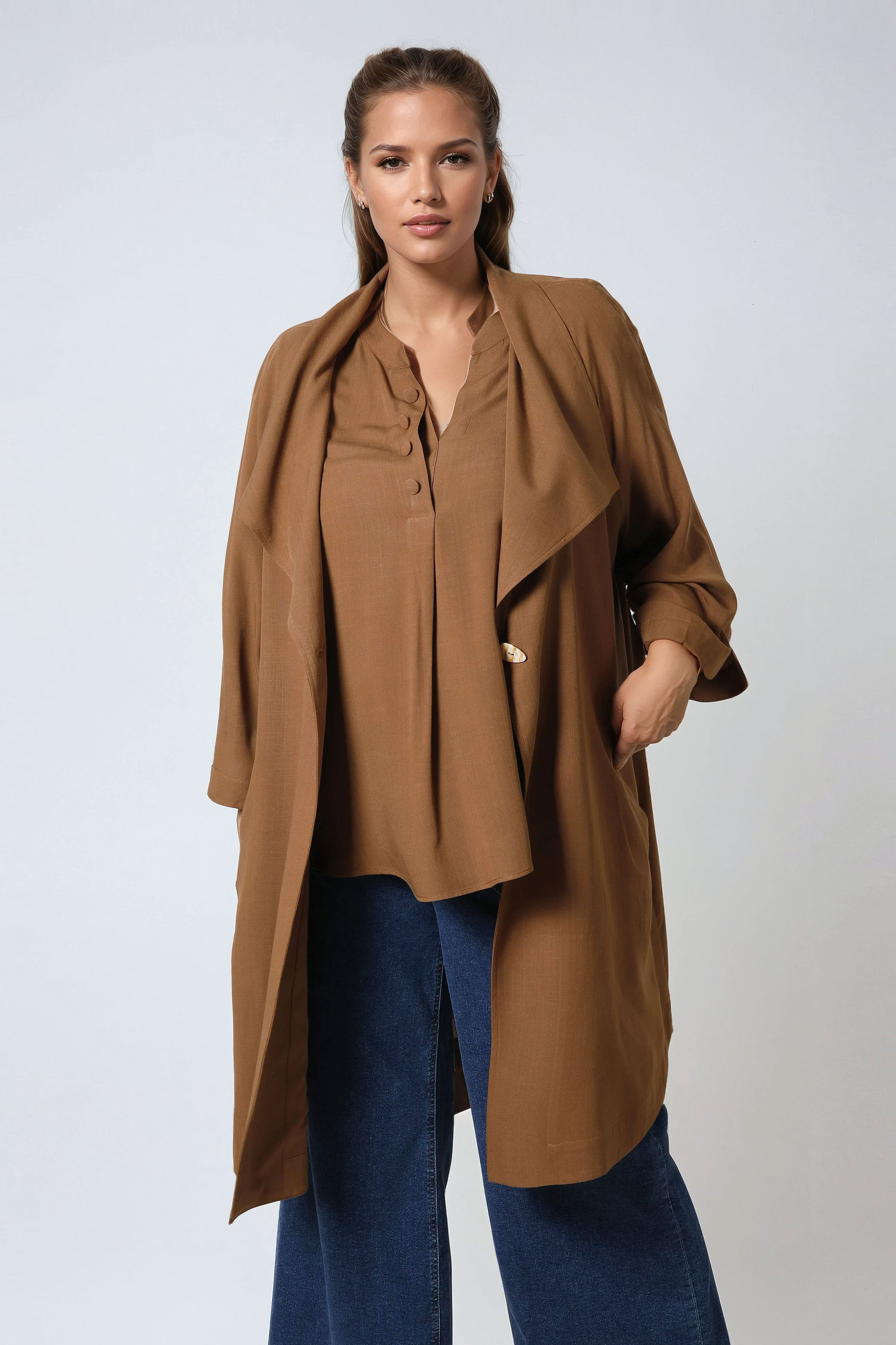 Veste avec col en cascade en viscose lin
