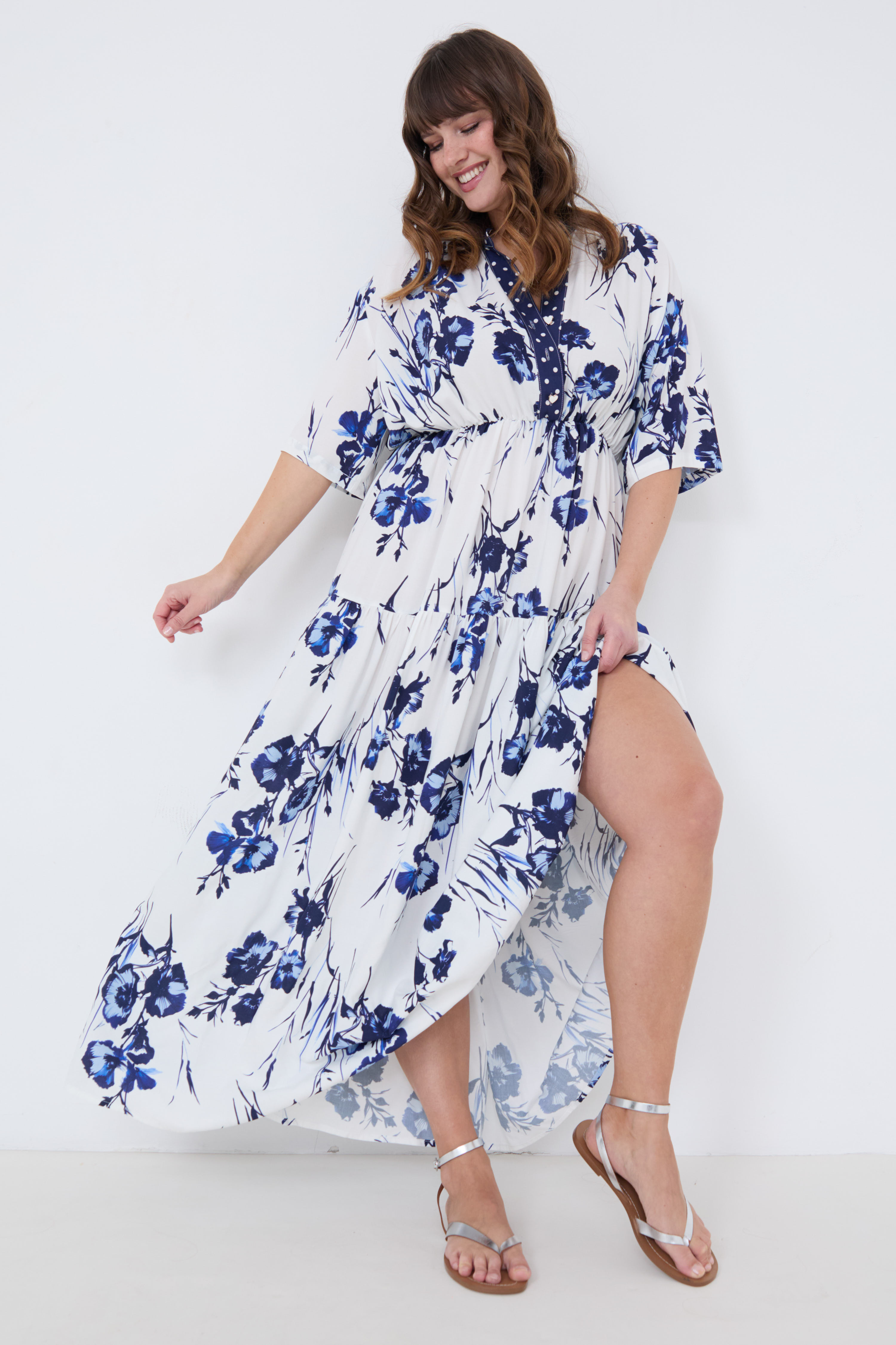 Robe longue de style bohème bimotif fleur et pois viscose ultra fluide 