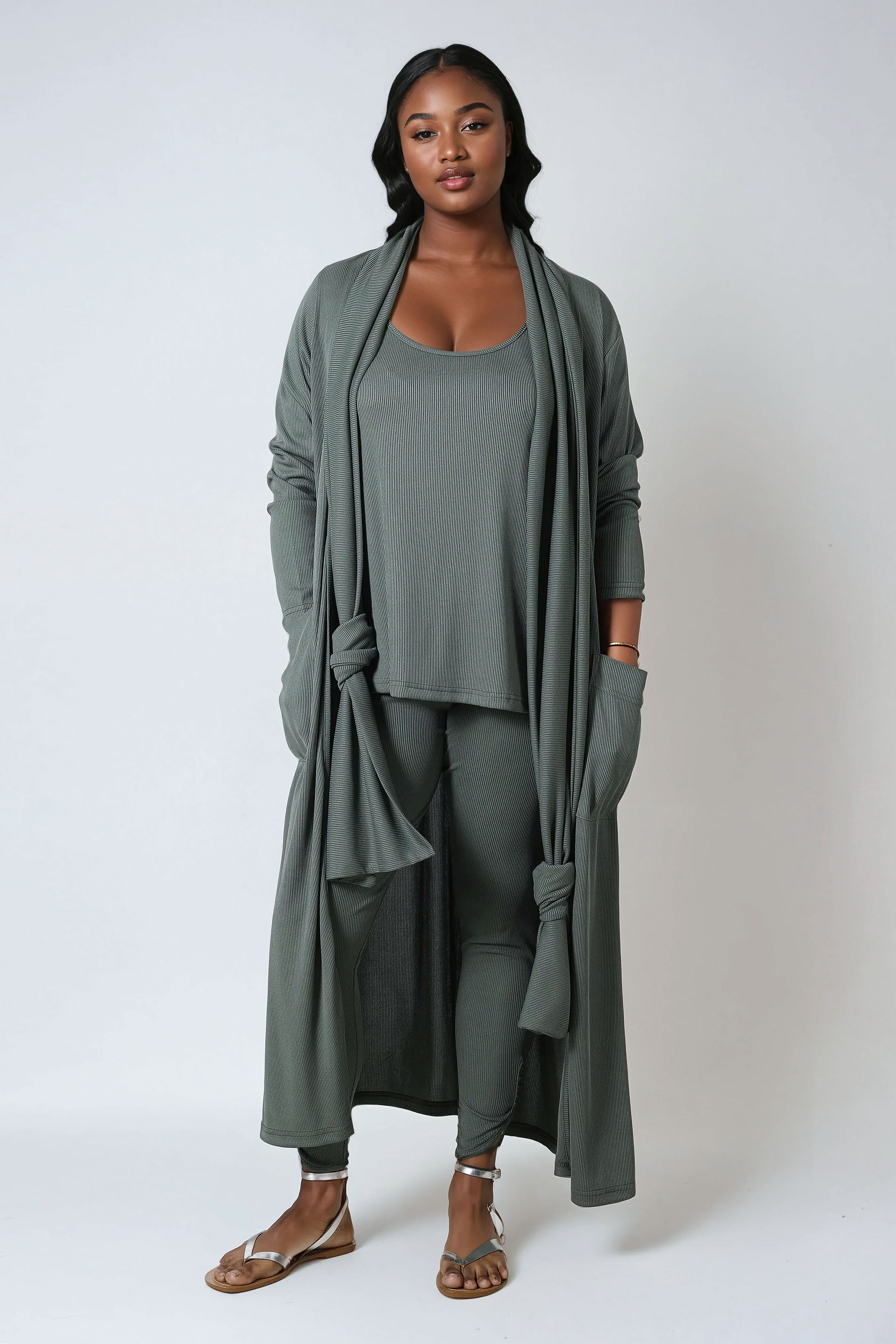 Long gilet en maille cotelé avec écharpe amovible
