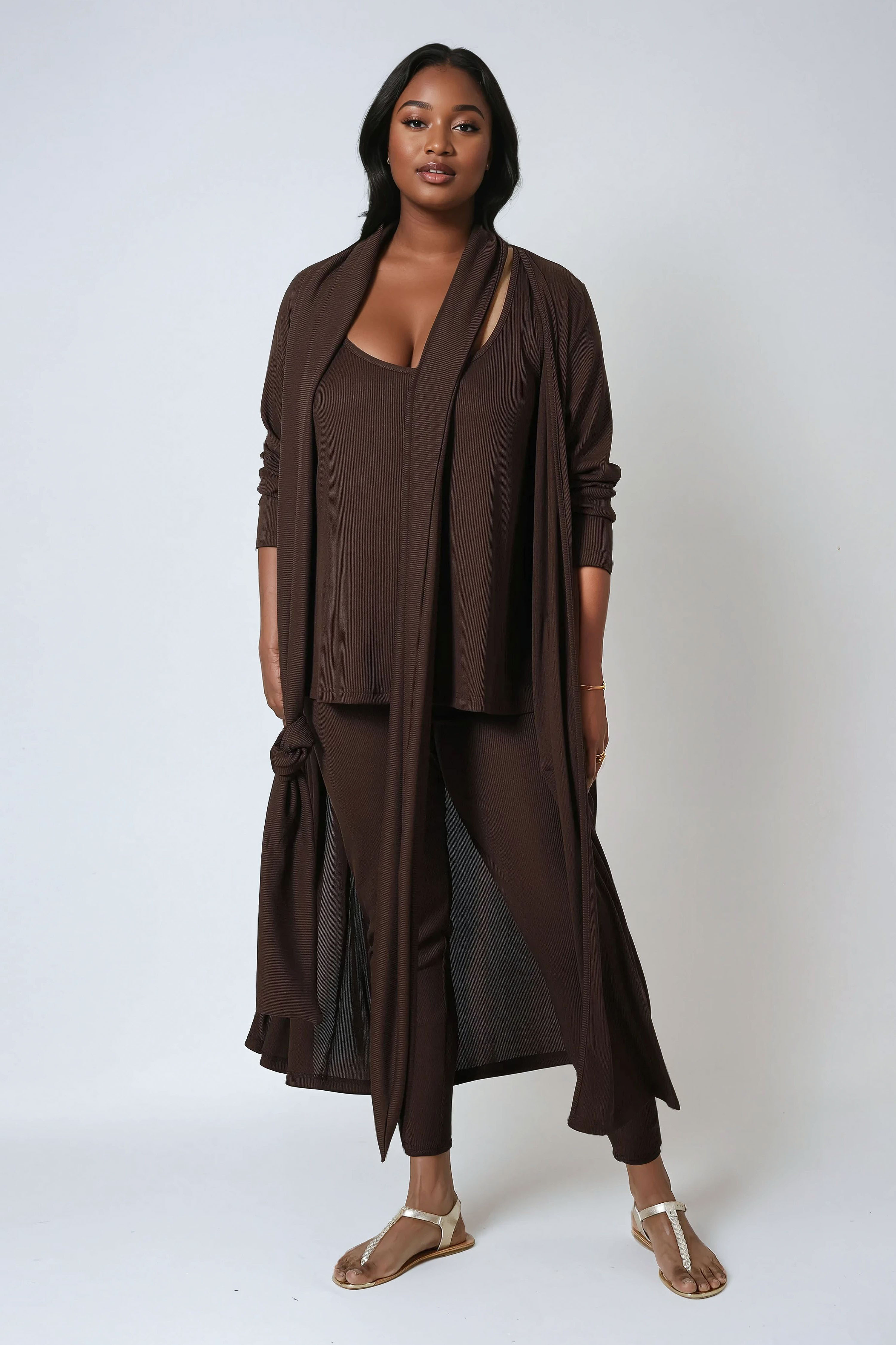Long gilet en maille cotelé avec écharpe amovible