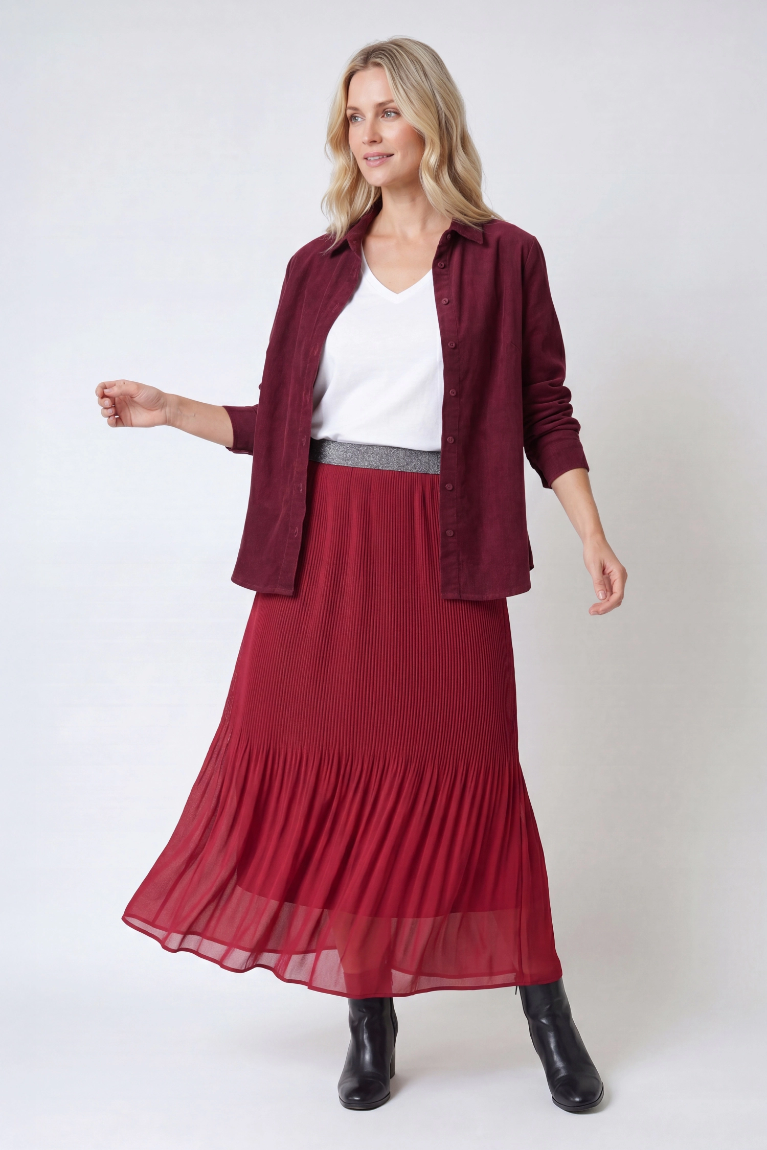 POTTEY LAYERED SKIRT ネイビー/レッド Layered pleated skirt