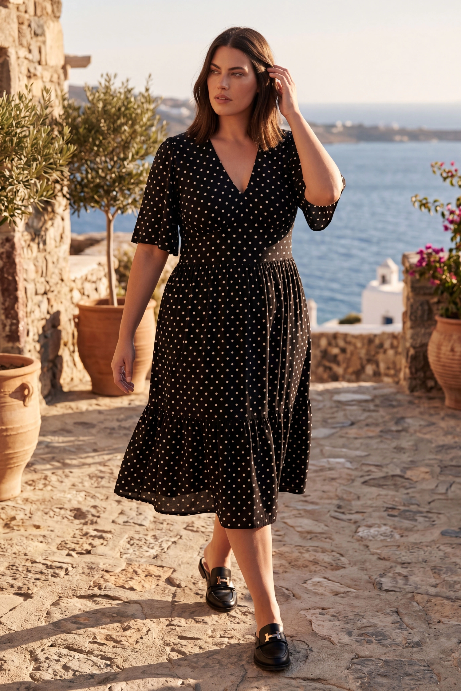 polka dot dress flowy Anewsta Spring & Summer Polka Dot Bow Tie Waist Flared Flowy Sheer Elegant  Dress, Suitable For Party, Vacation